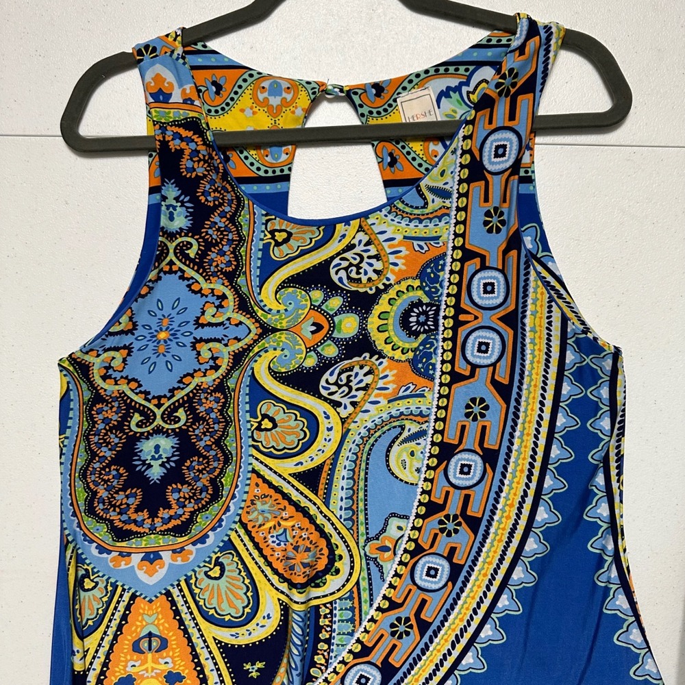 HERSHE Blue Paisley Sleeveless Dress Knee Length A-line Lightweight‎ Shift Sz M